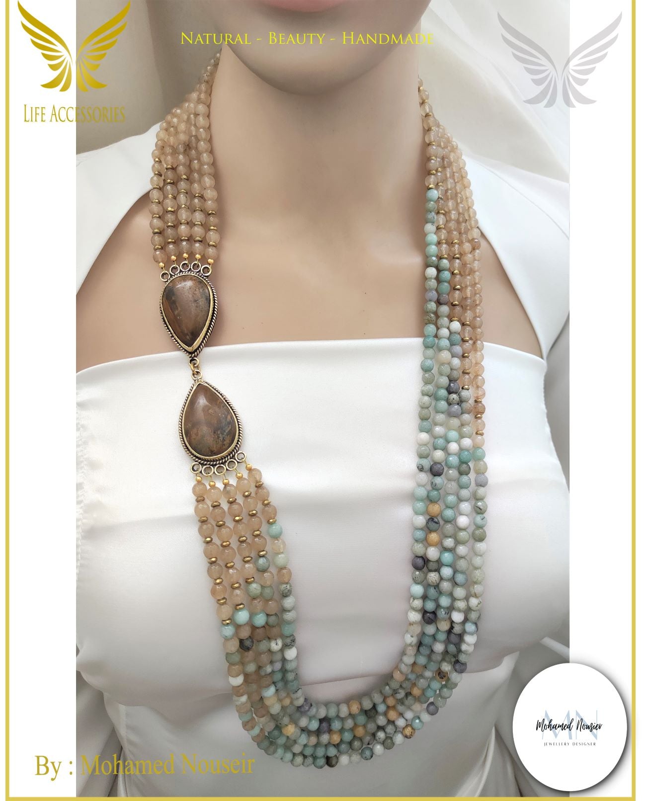 عقد من حجر العقيق الطبيعي و النحاس