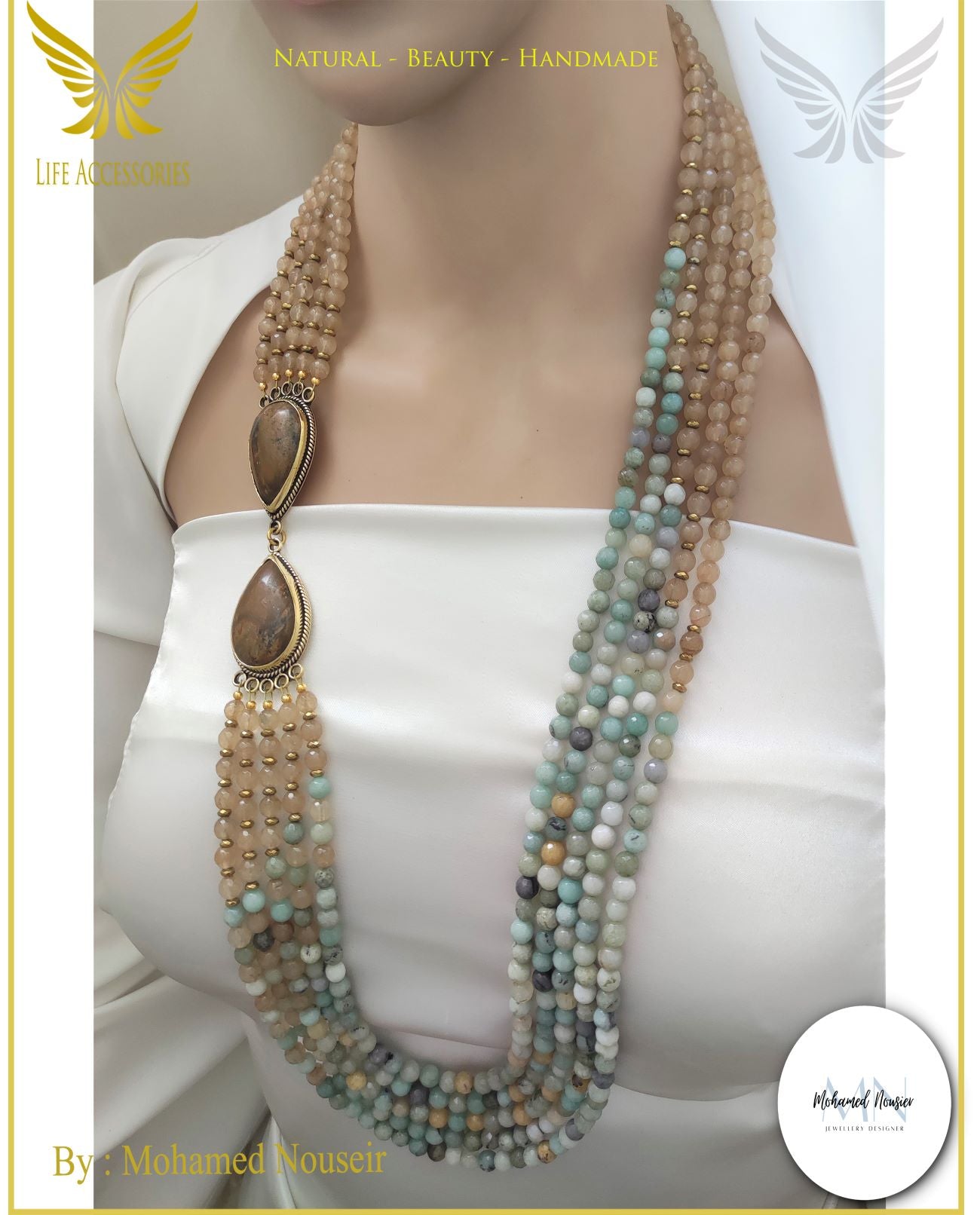 عقد من حجر العقيق الطبيعي و النحاس