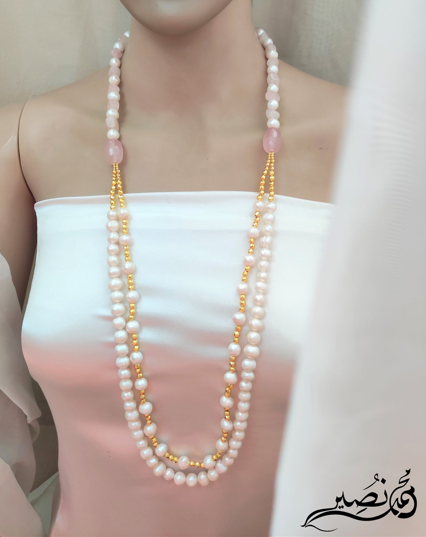 عقد من لؤلؤ مزارع طبيعي و روز كوارتز طبيعي و هيماتيت طبيعي