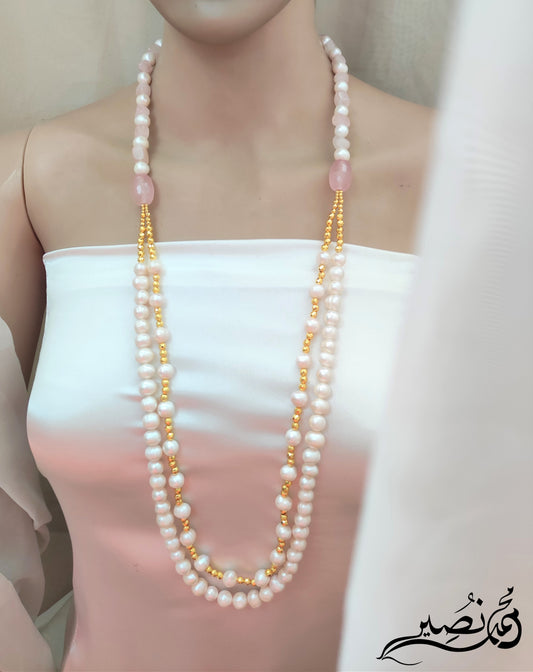 عقد من لؤلؤ مزارع طبيعي و روز كوارتز طبيعي و هيماتيت طبيعي