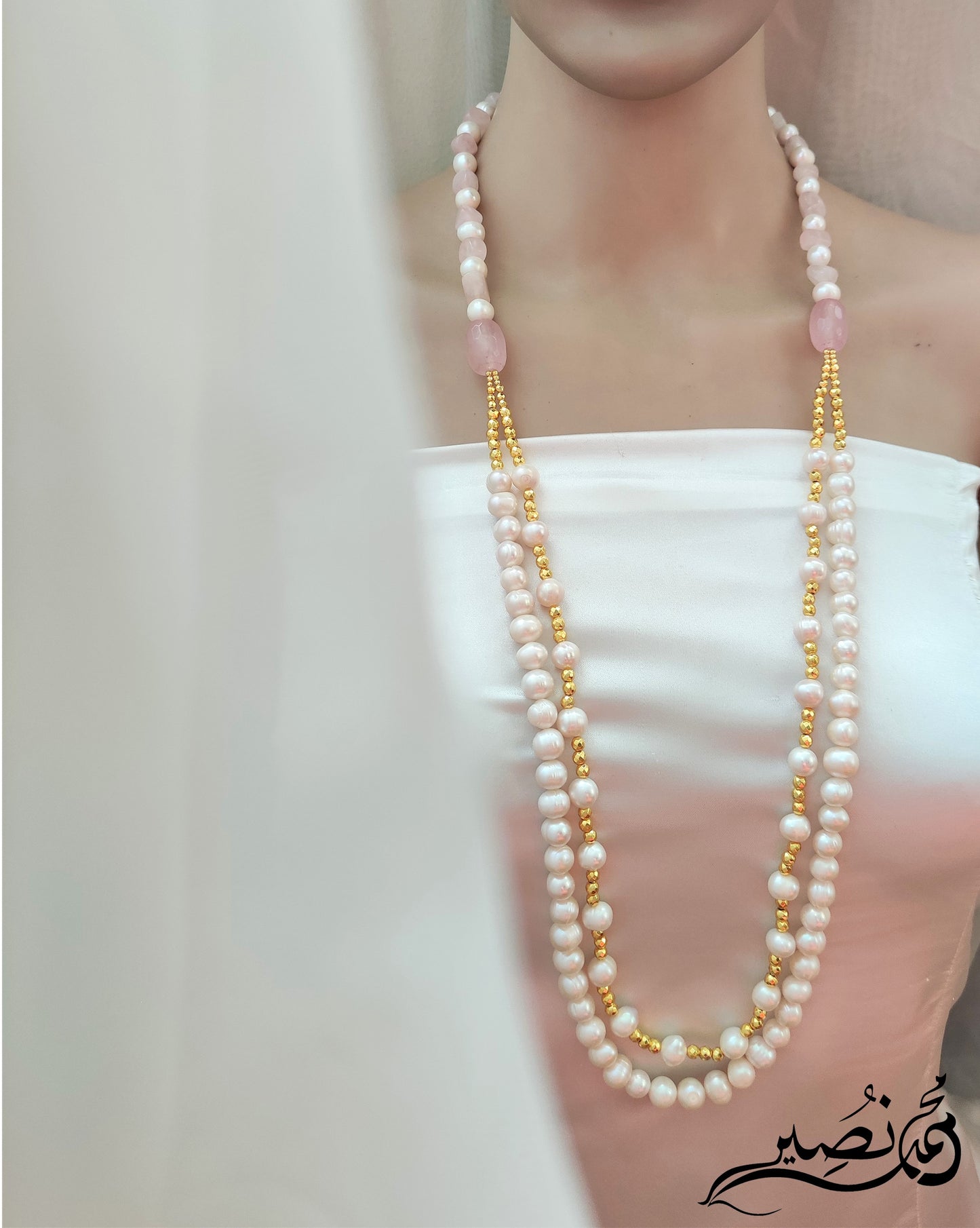 عقد من لؤلؤ مزارع طبيعي و روز كوارتز طبيعي و هيماتيت طبيعي