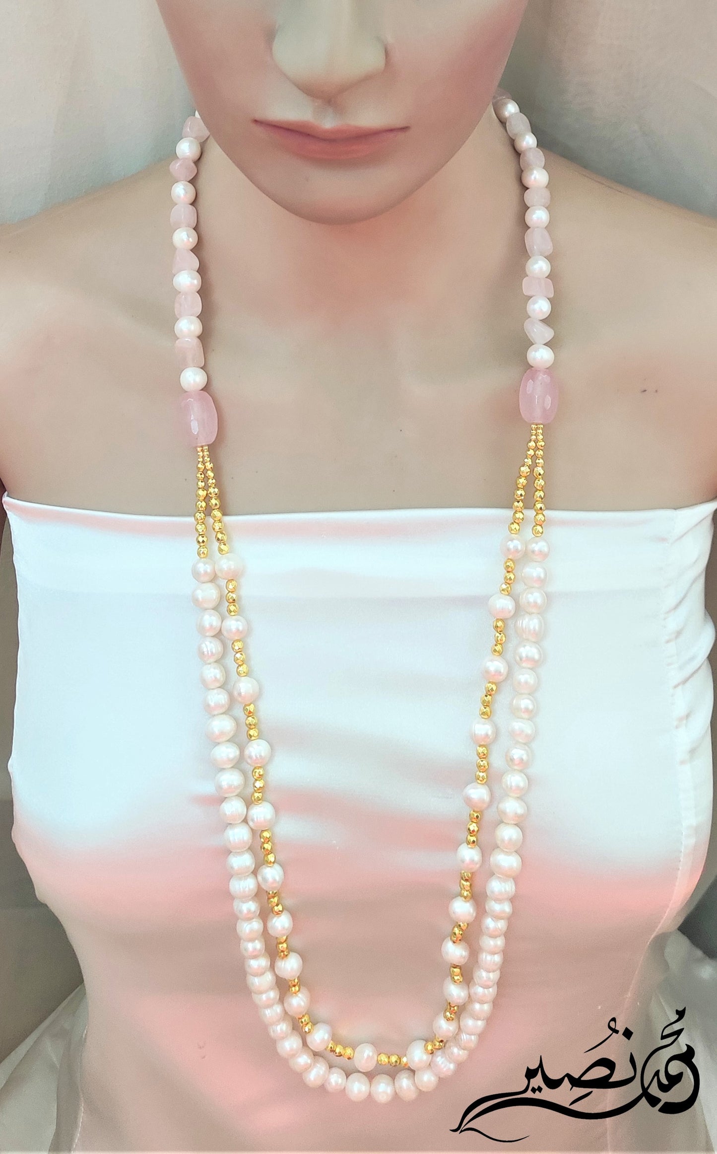 عقد من لؤلؤ مزارع طبيعي و روز كوارتز طبيعي و هيماتيت طبيعي