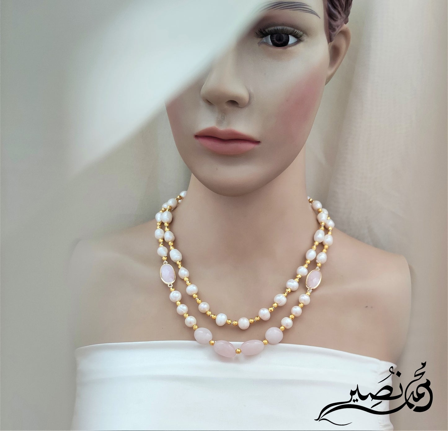 عقد من لؤلؤ مزارع طبيعي و روز كوارتز طبيعي و هيماتيت طبيعي