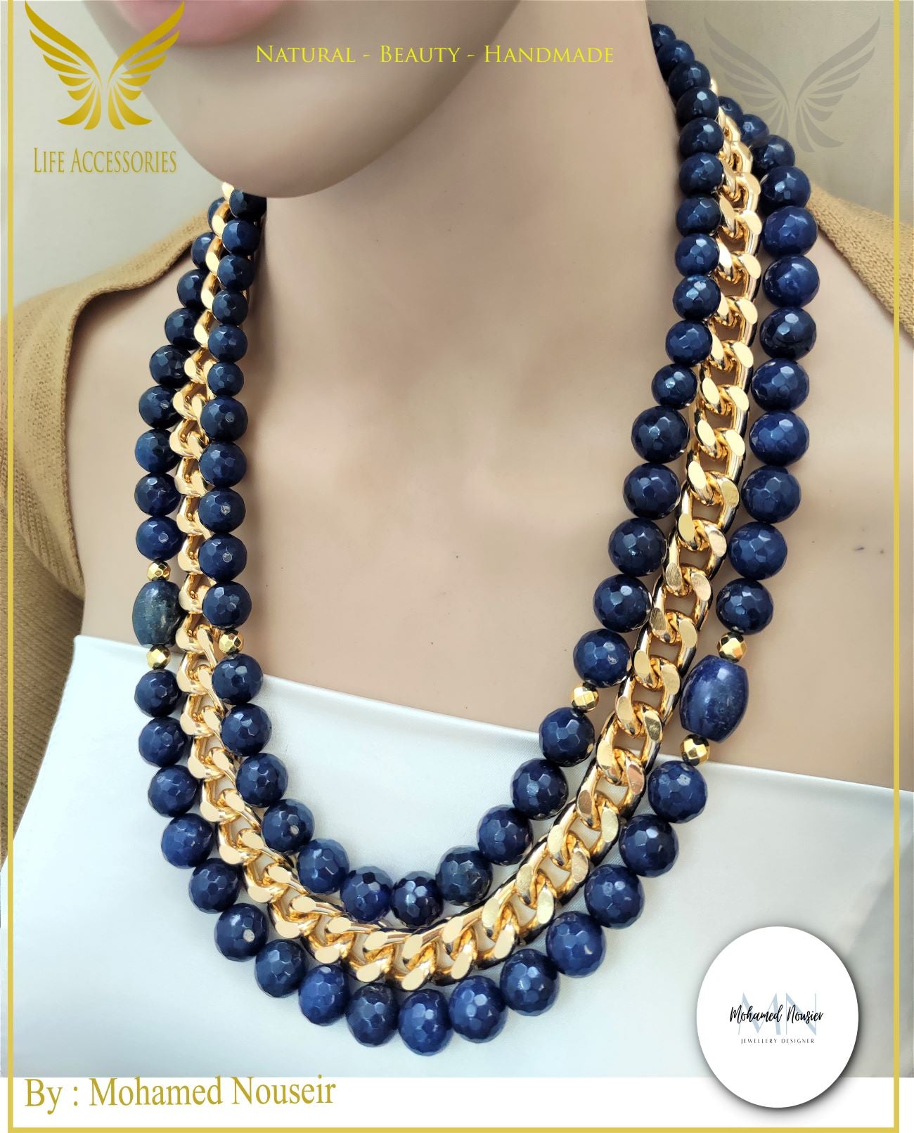 عقد من حجر لابس لازولي و عقيق طبيعي