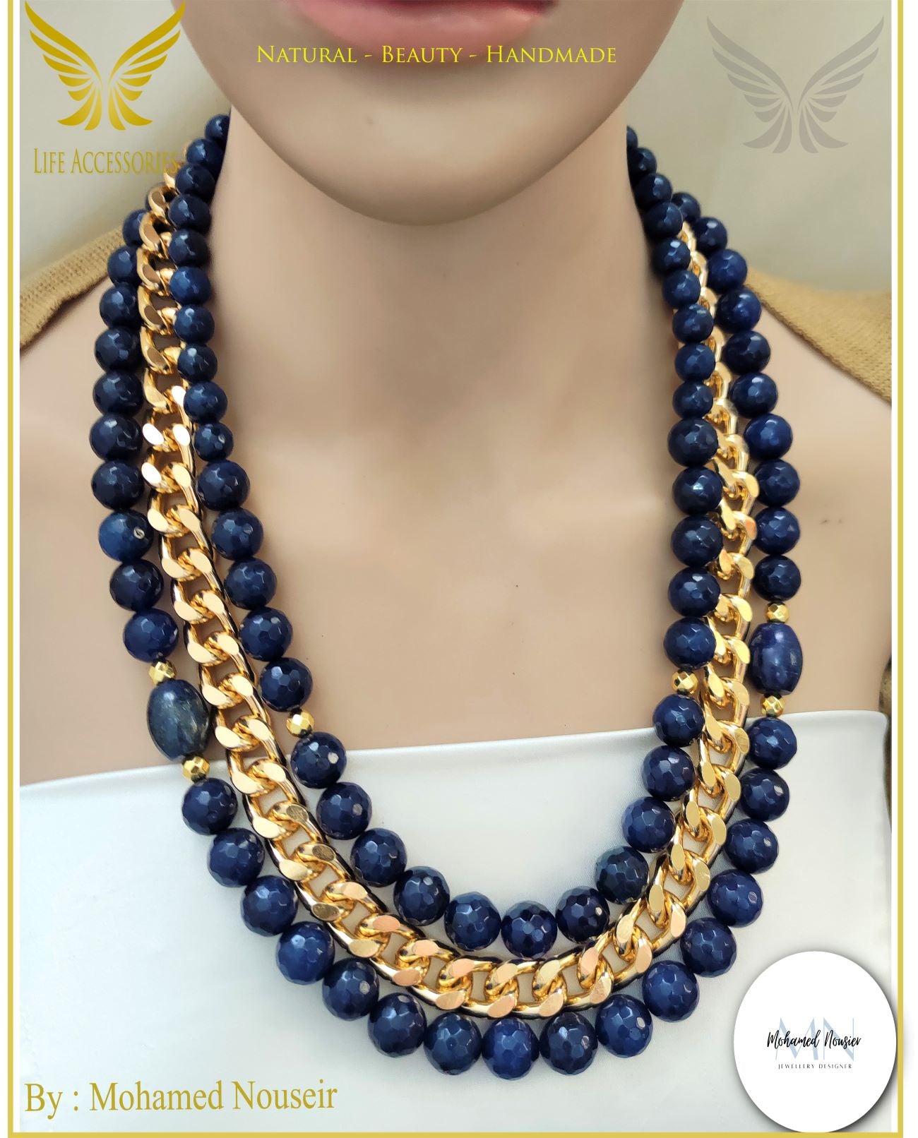 عقد من حجر لابس لازولي و عقيق طبيعي