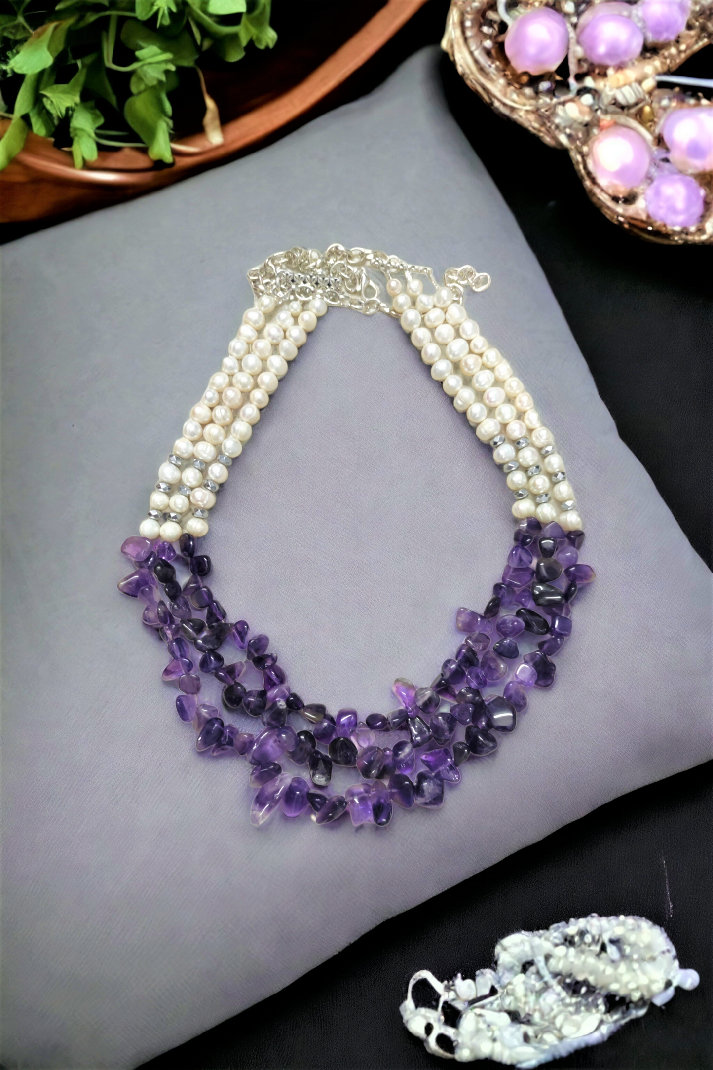 fresh water pearl and Amethyst Stone Necklace