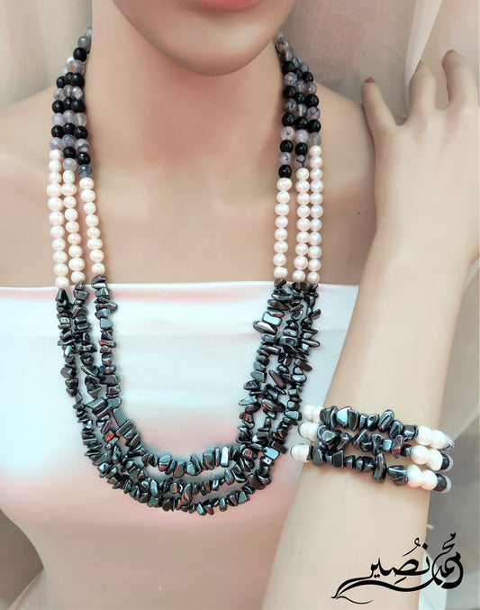 fresh water pearl, agate stone and hematite stone necklace