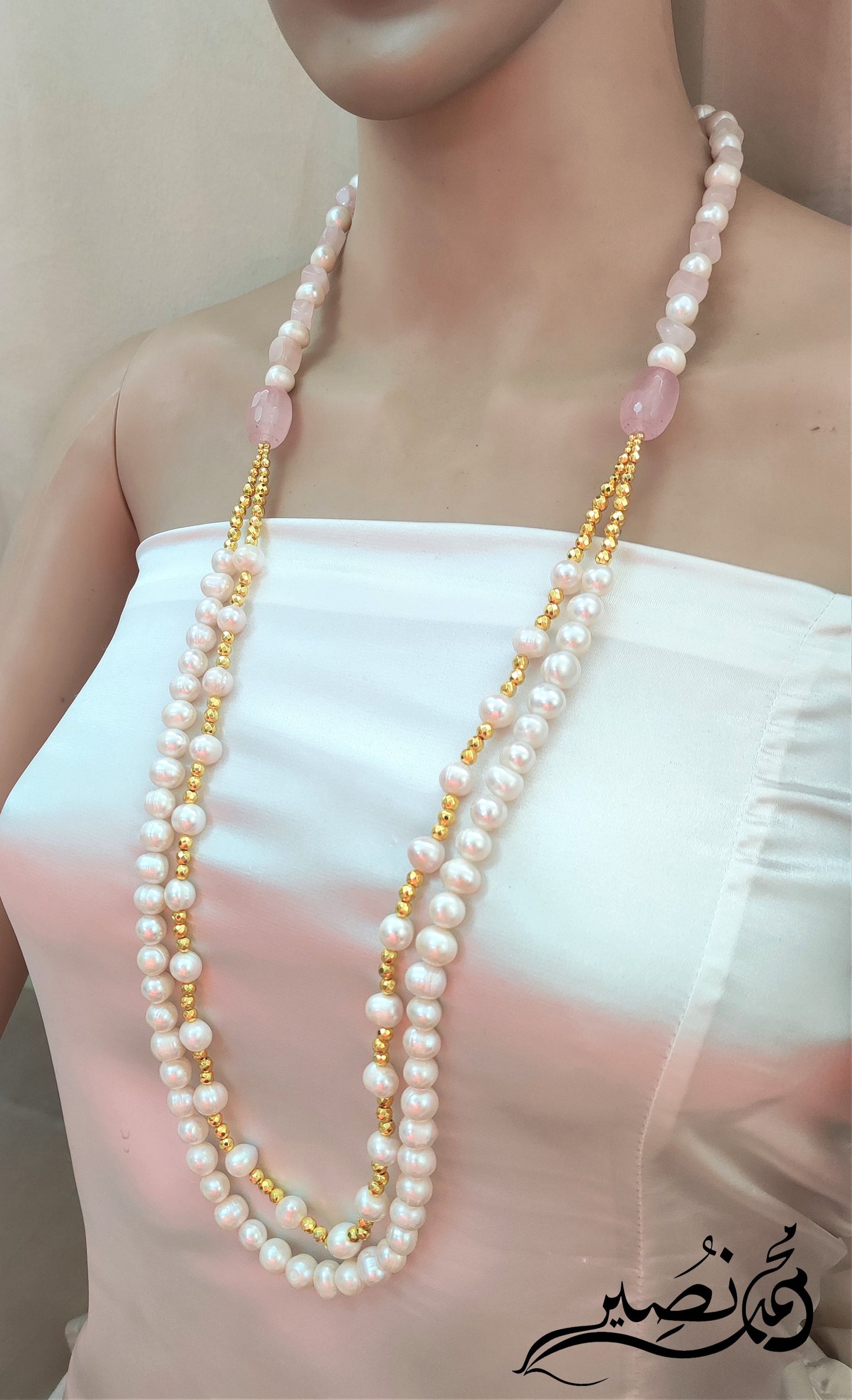 Fresh Water Pearl, Rose Quartz Stone and Hematite Stone Necklace