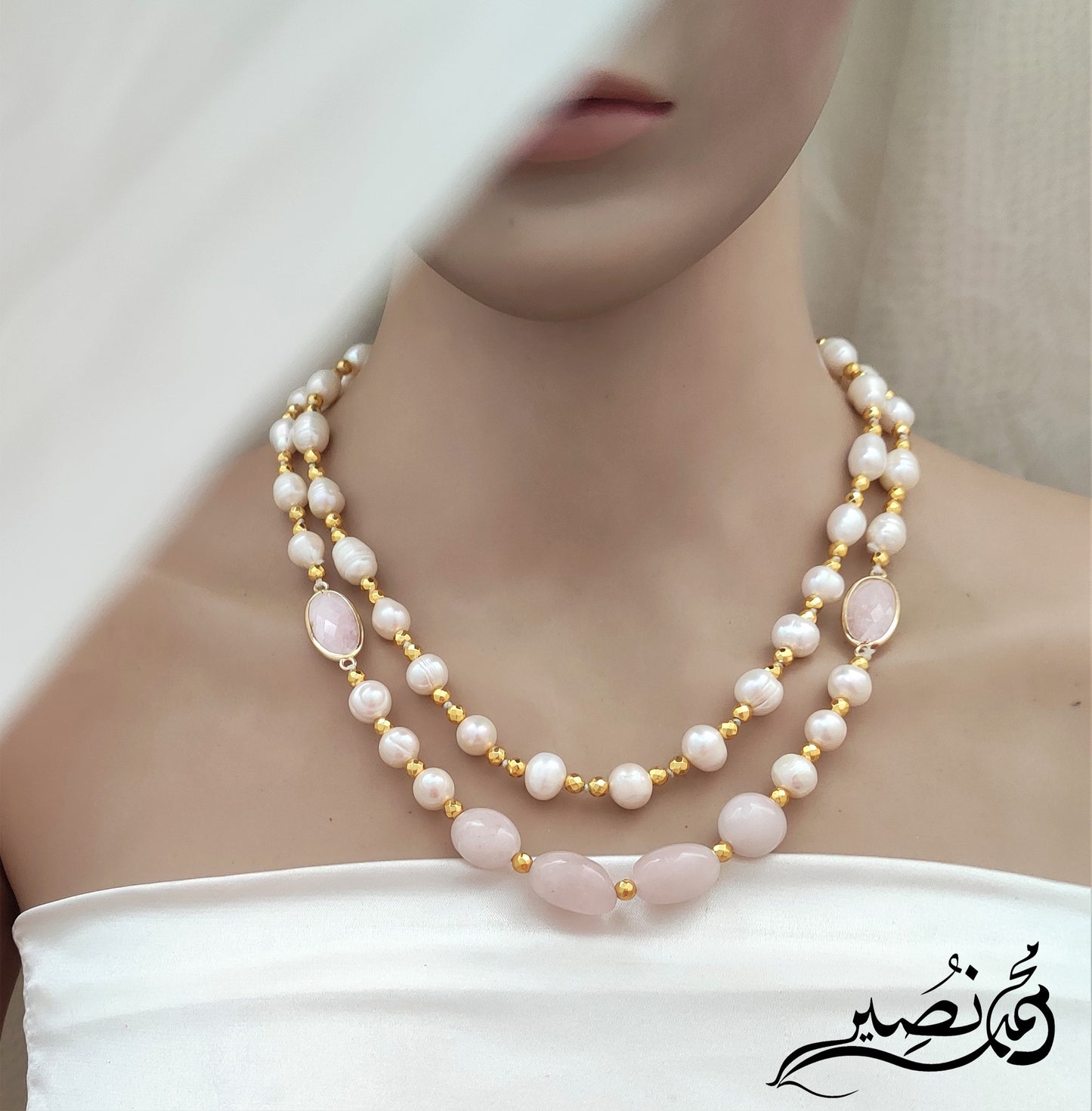 Fresh Water Pearl, Rose Quartz Stone and Hematite Stone Necklace