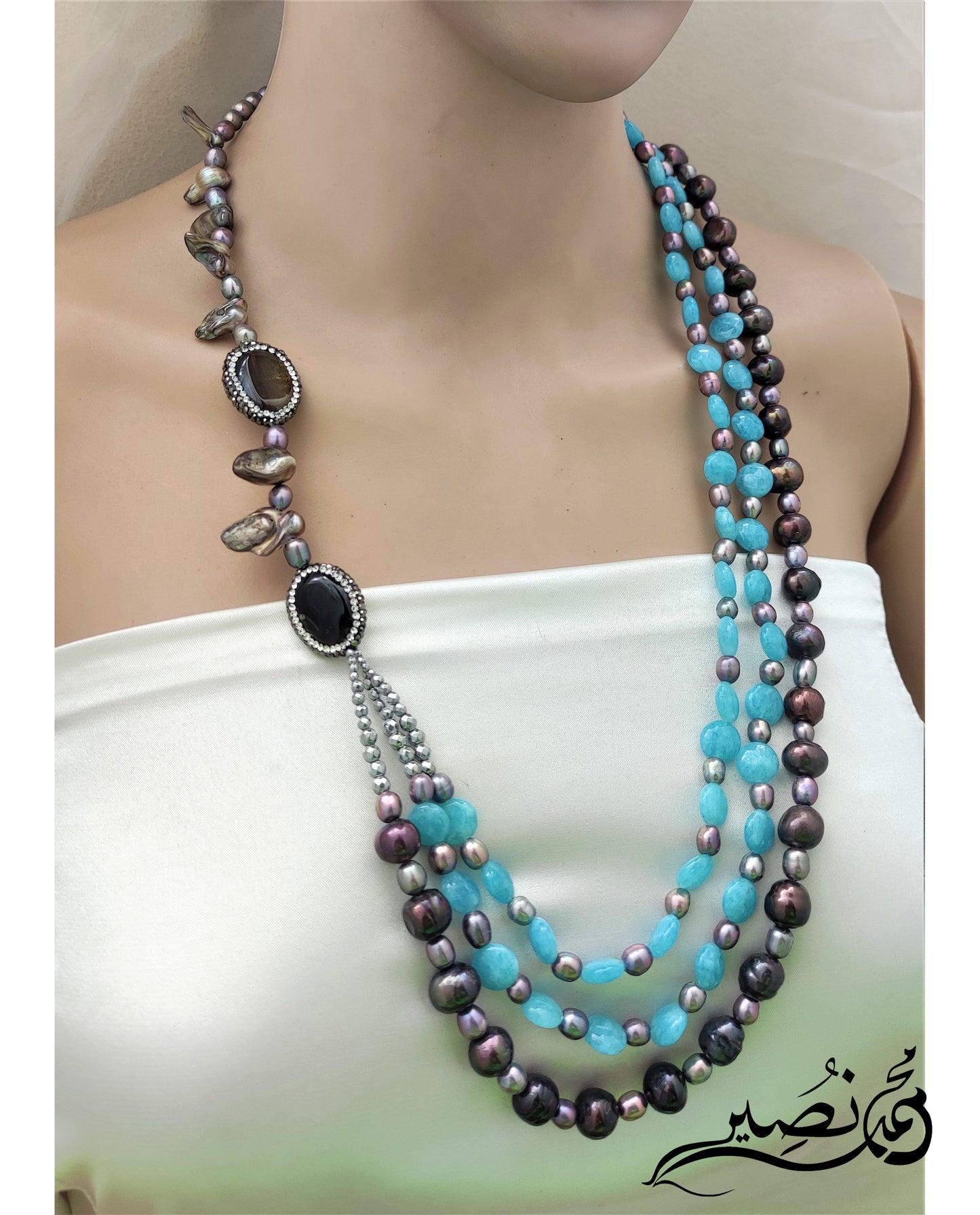 Fresh Water Pearl And Jade Stone Necklace