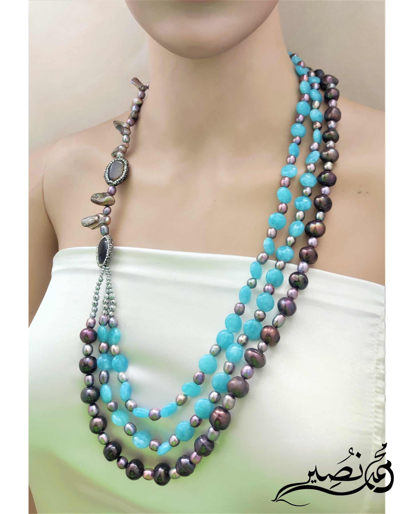 Fresh Water Pearl And Jade Stone Necklace