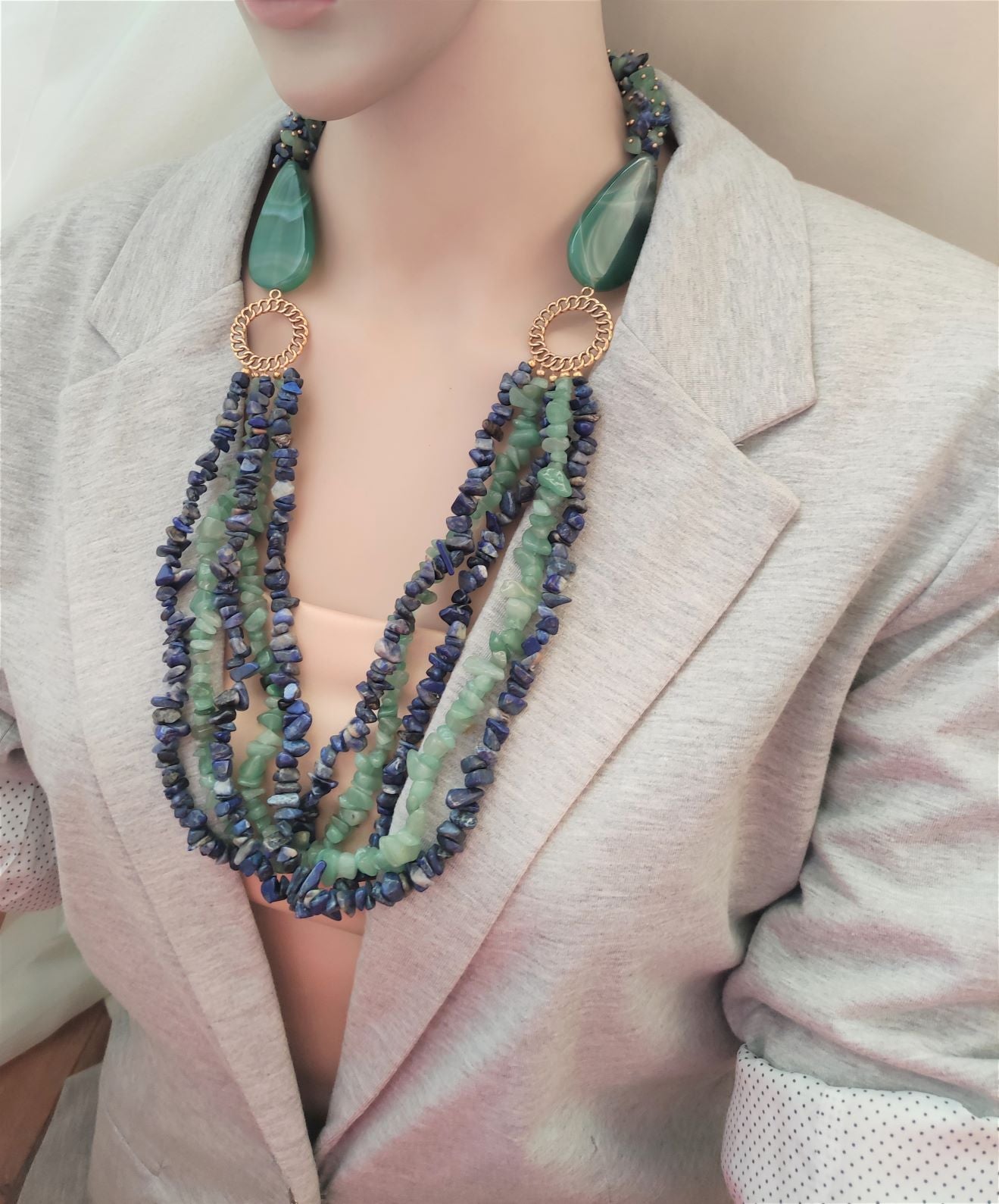 Jade, Lapis lazuli and  Agate Stone Necklace